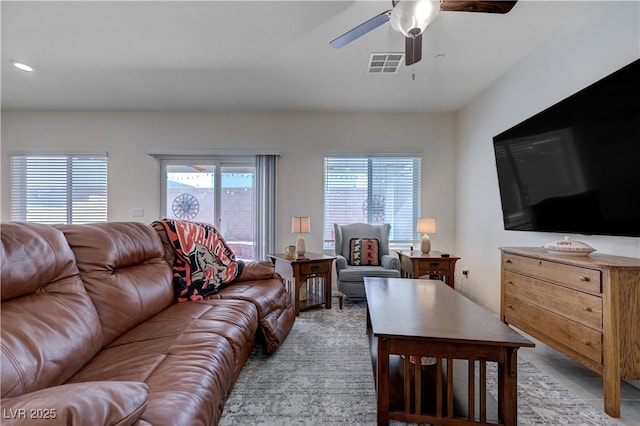 387 Larksong Ave, Henderson, NV 89011 - living area featuring plenty of natural light, a ceiling fan, and recessed lighting