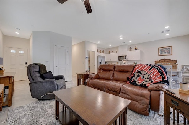 387 Larksong Ave, Henderson, NV 89011 - living room featuring ceiling fan, recessed lighting, and light tile patterned floors