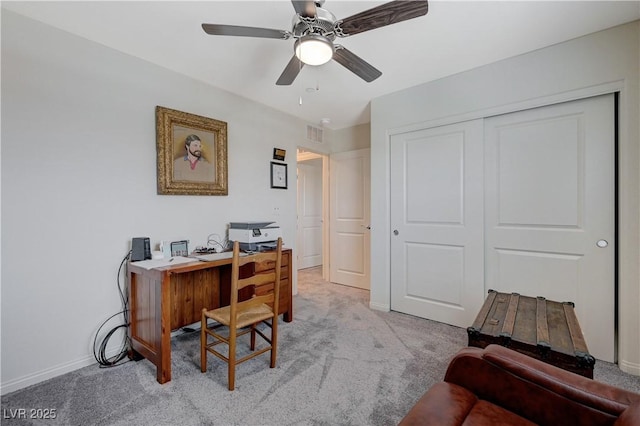 387 Larksong Ave, Henderson, NV 89011 - office area with light carpet, baseboards, and ceiling fan