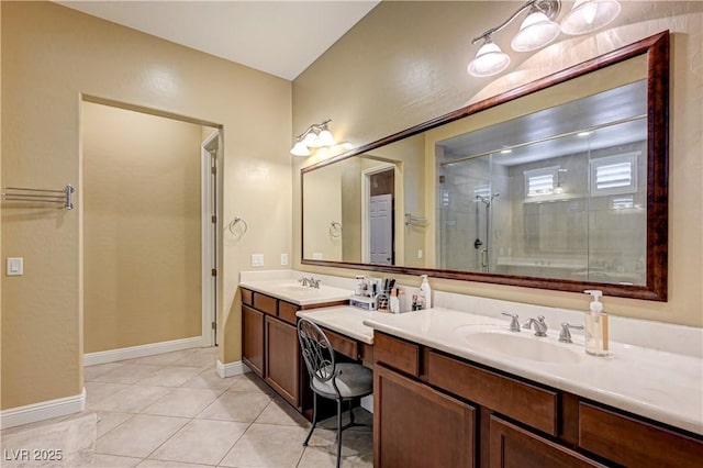 full bath with a shower stall, tile patterned floors, vanity, and baseboards