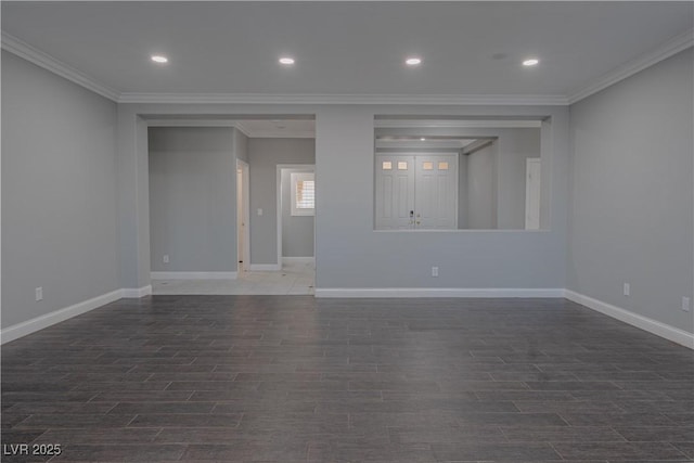 unfurnished living room with ornamental molding, wood finished floors, baseboards, and recessed lighting