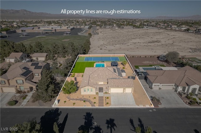 8228 Fulton Ranch St, Las Vegas, NV 89131 - aerial perspective of suburban area with property boundaries highlighted and a mountain backdrop