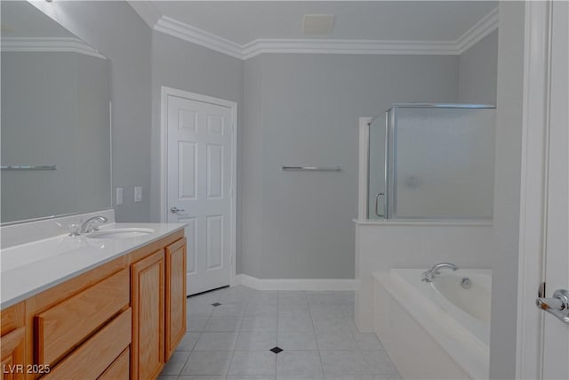 full bathroom featuring a shower stall, crown molding, vanity, tile patterned flooring, and a bath