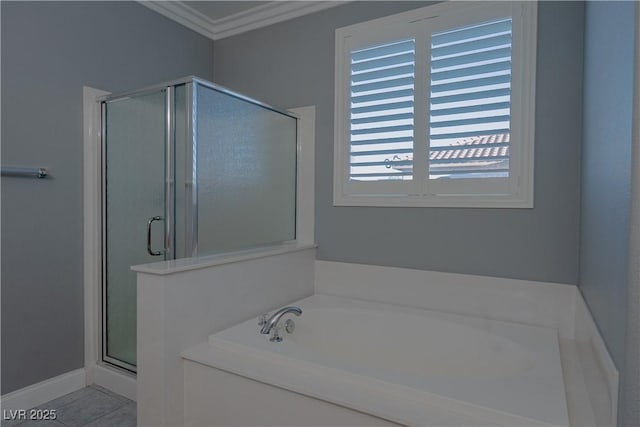 8228 Fulton Ranch St, Las Vegas, NV 89131 - full bathroom with a bath, a shower stall, ornamental molding, and tile patterned floors