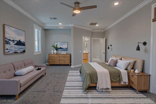8228 Fulton Ranch St, Las Vegas, NV 89131 - bedroom featuring ornamental molding, recessed lighting, ensuite bathroom, and a ceiling fan