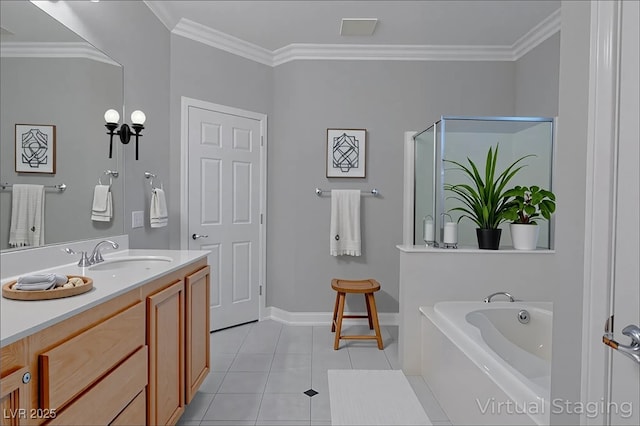 8228 Fulton Ranch St, Las Vegas, NV 89131 - full bath featuring vanity, a bath, tile patterned floors, a stall shower, and crown molding