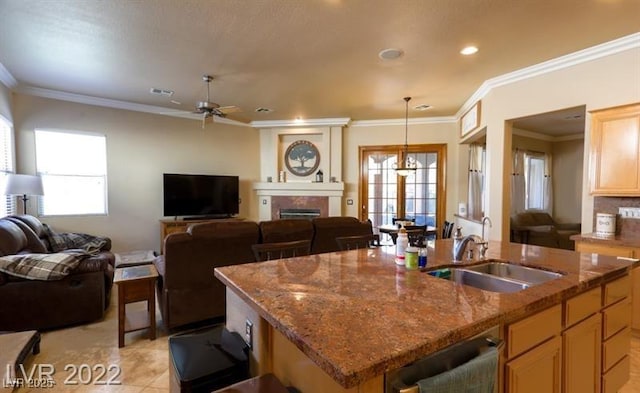 kitchen featuring a sink, open floor plan, an island with sink, a ceiling fan, and a fireplace