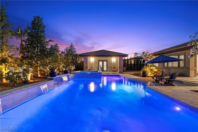 7477 Triple Knot Ct, Las Vegas, NV 89113 - view of pool with french doors, an exterior structure, an outbuilding, a patio area, and a pool with connected hot tub