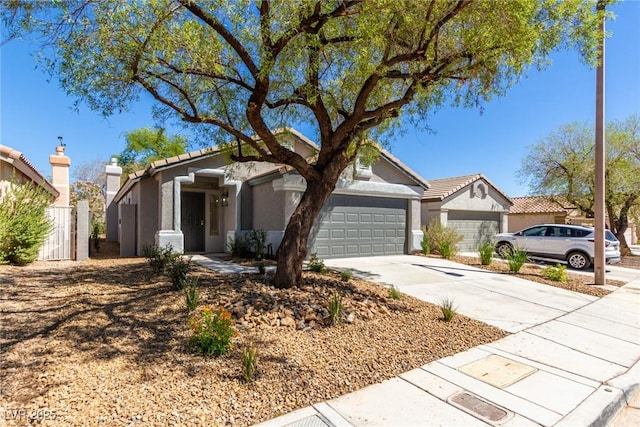 single story home featuring stucco siding, driveway, an attached garage, and a tiled roof
