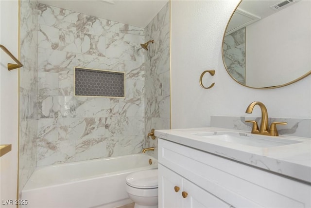 full bathroom with toilet, bathtub / shower combination, and vanity