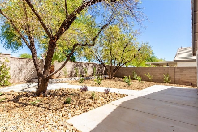 fenced backyard with a patio
