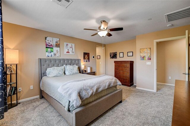 bedroom featuring carpet, baseboards, and ceiling fan