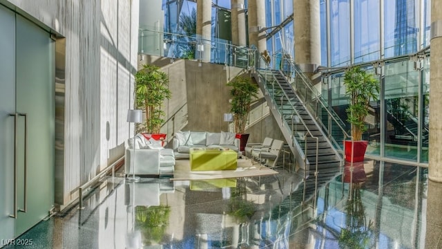 building lobby with a towering ceiling