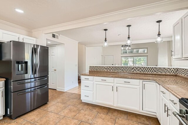 4302 Newhaven Dr, Las Vegas, NV 89147 - kitchen featuring stainless steel appliances, backsplash, white cabinets, pendant lighting, and ornamental molding
