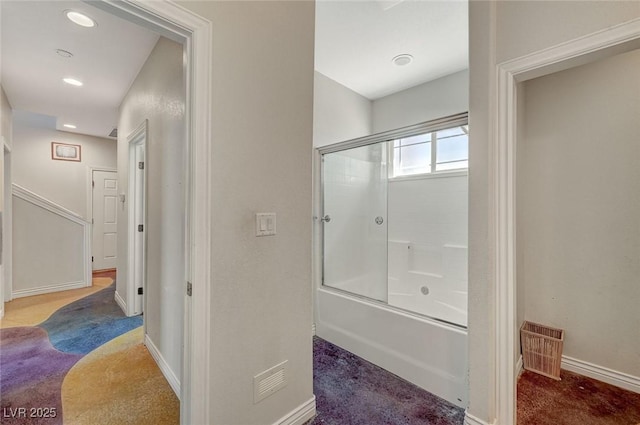 1420 Logandale Dr, Logandale, NV 89021 - bathroom with baseboards, combined bath / shower with glass door, and recessed lighting
