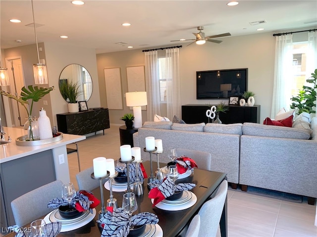 6511 Dove Point Pl, Las Vegas, NV 89130 - dining room with light tile patterned floors, a ceiling fan, and recessed lighting