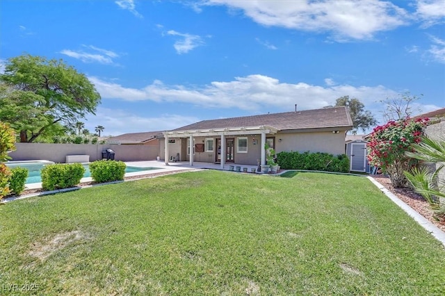 8208 Flowing Rapids Ct, Las Vegas, NV 89131 - back of house with a storage unit, a pergola, stucco siding, an outdoor structure, and a patio