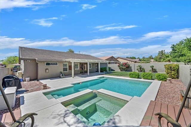 8208 Flowing Rapids Ct, Las Vegas, NV 89131 - view of swimming pool with a patio area, a fenced backyard, a pergola, and a pool with connected hot tub
