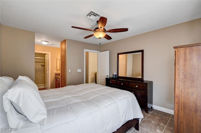 bedroom with baseboards, a ceiling fan, and tile patterned flooring