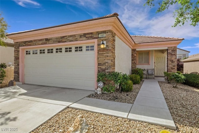 ranch-style house with a tiled roof, stone siding, a garage, concrete driveway, and stucco siding