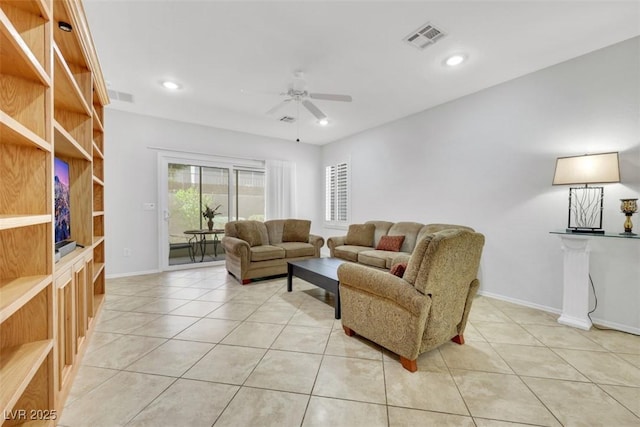 living room with ceiling fan, light tile patterned floors, baseboards, and recessed lighting