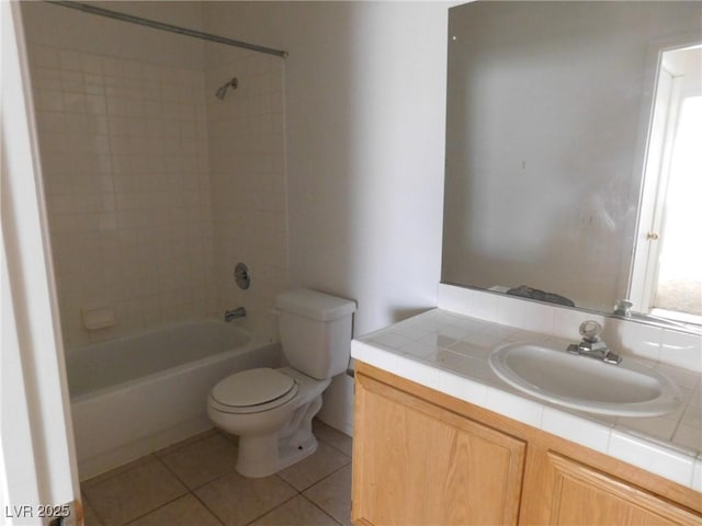 full bath featuring toilet, tile patterned flooring, shower / bathtub combination, and vanity
