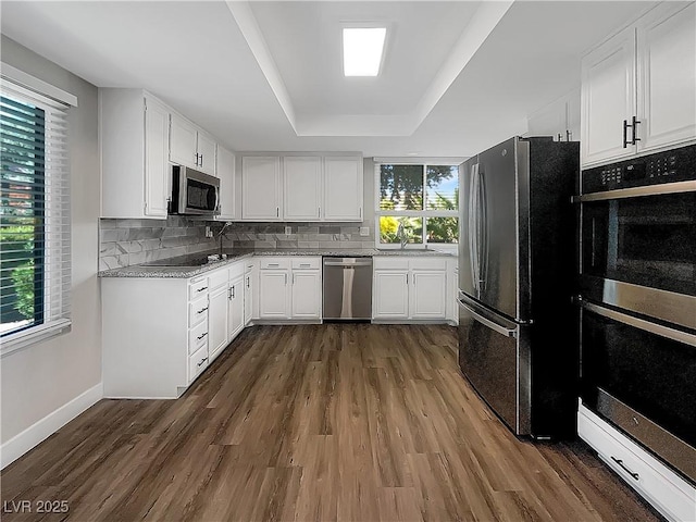 kitchen featuring stainless steel appliances, a sink, dark wood-type flooring, a tray ceiling, and white cabinetry