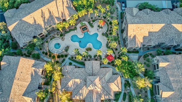 aerial overview of property's location featuring a pool area