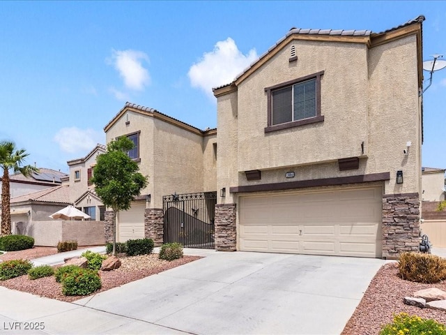 view of front of property with stucco siding, stone siding, and an attached garage