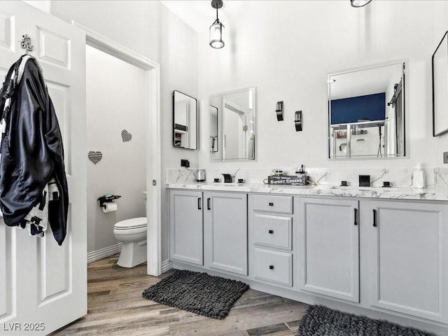 bathroom with wood finished floors, double vanity, and toilet