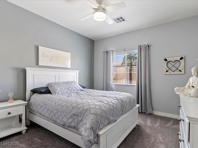 bedroom with dark carpet, a ceiling fan, and baseboards