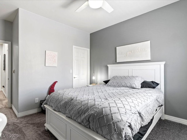 carpeted bedroom with baseboards and a ceiling fan