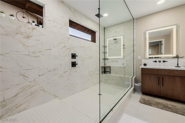 436 Crown Mesa Ave, Las Vegas, NV 89138 - bathroom featuring a marble finish shower, vanity, toilet, and recessed lighting