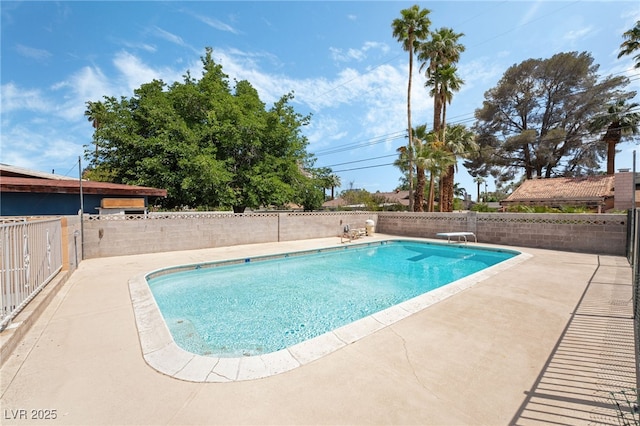 view of swimming pool with a patio area, a fenced backyard, and a diving board