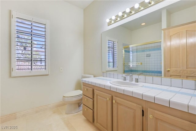 1931 Pago Ct, Las Vegas, NV 89117 - full bathroom featuring tiled shower, vanity, and tile patterned flooring