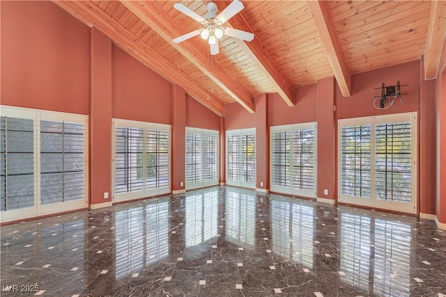 1931 Pago Ct, Las Vegas, NV 89117 - empty room featuring a wooden ceiling with exposed beams, high vaulted ceiling, a ceiling fan, and granite tiled floors