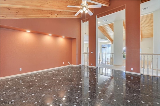 1931 Pago Ct, Las Vegas, NV 89117 - spare room with ceiling fan, a wood ceiling with exposed beams, and high vaulted ceiling