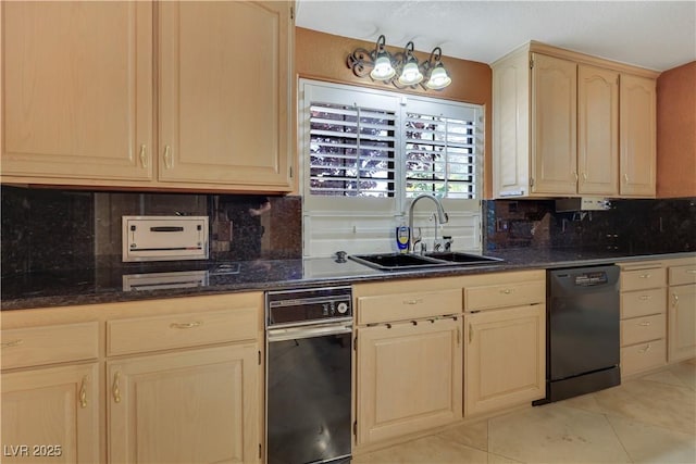 1931 Pago Ct, Las Vegas, NV 89117 - kitchen with black dishwasher, light brown cabinetry, backsplash, and light tile patterned floors