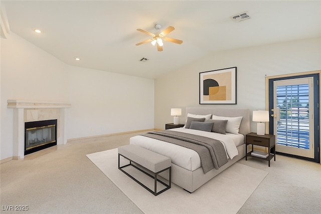 1931 Pago Ct, Las Vegas, NV 89117 - bedroom with vaulted ceiling, light colored carpet, a fireplace, recessed lighting, and ceiling fan