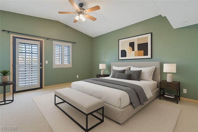 1931 Pago Ct, Las Vegas, NV 89117 - carpeted bedroom featuring access to outside, vaulted ceiling, and a ceiling fan
