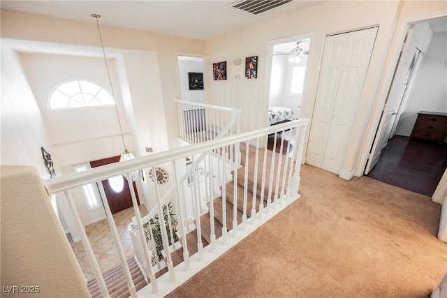 stairway with ceiling fan and carpet floors