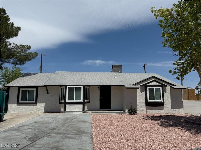 ranch-style house featuring stucco siding and a chimney