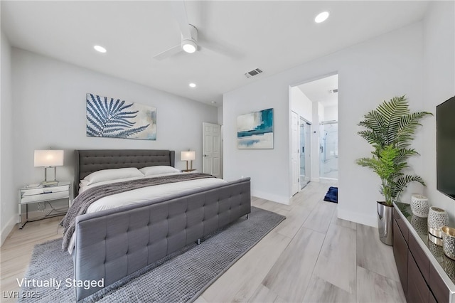 2029 Poppywood Ave, Henderson, NV 89012 - bedroom with baseboards, recessed lighting, light wood-style flooring, a ceiling fan, and ensuite bathroom
