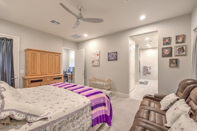 4893 E Cedar Creek Way, Pahrump, NV 89061 - bedroom featuring recessed lighting, light carpet, baseboards, ceiling fan, and ensuite bath