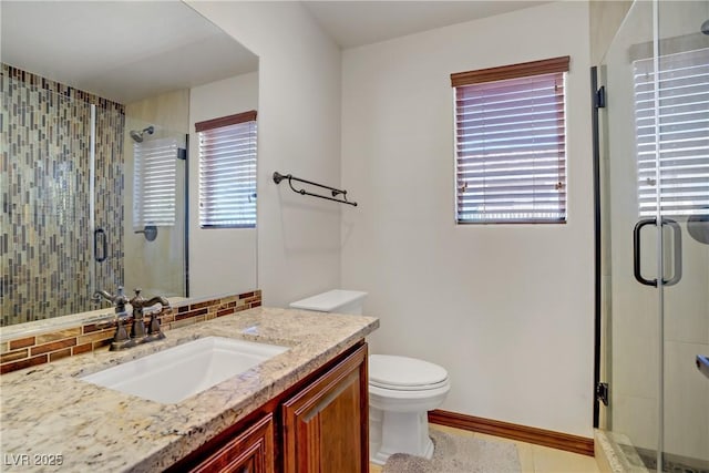 full bath featuring a shower stall, plenty of natural light, vanity, and toilet