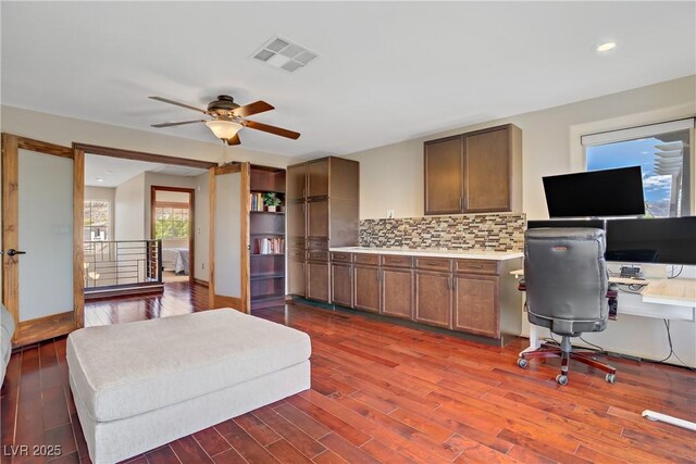 10520 Maystar Ln, Las Vegas, NV 89135 - office featuring a ceiling fan, dark wood finished floors, and recessed lighting