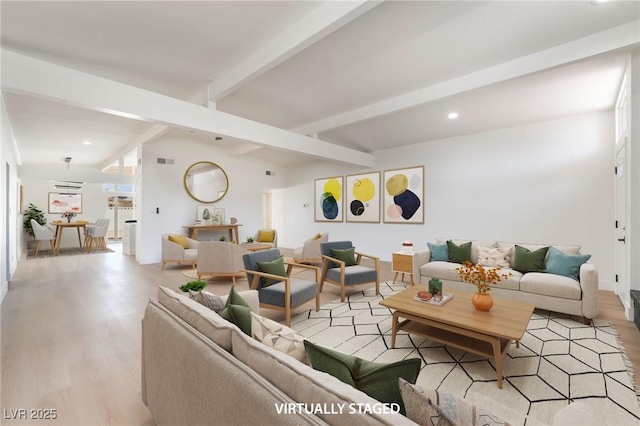 6205 Hargrove Ave, Las Vegas, NV 89107 - living room featuring beamed ceiling, light wood-type flooring, and recessed lighting