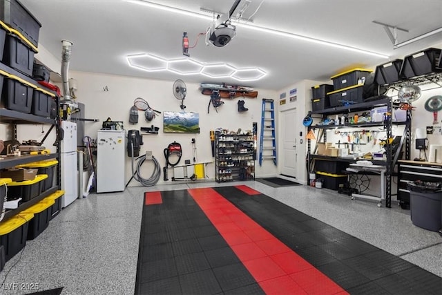 9710 Hiking Ave, Las Vegas, NV 89166 - garage with a garage door opener and refrigerator