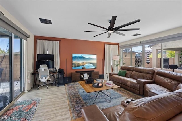 9710 Hiking Ave, Las Vegas, NV 89166 - living area featuring an office area, light wood-style flooring, and a ceiling fan