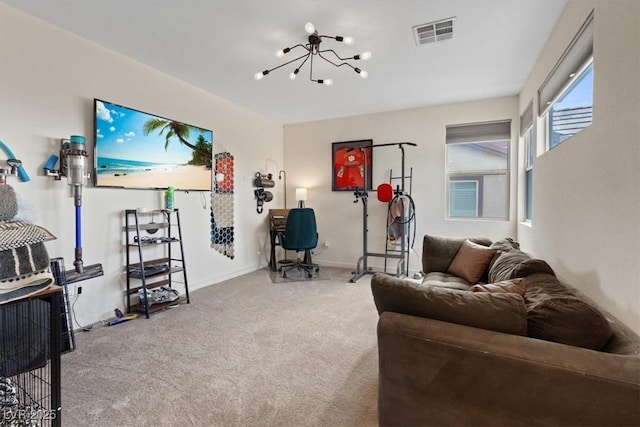 9710 Hiking Ave, Las Vegas, NV 89166 - carpeted living area with a chandelier and baseboards
